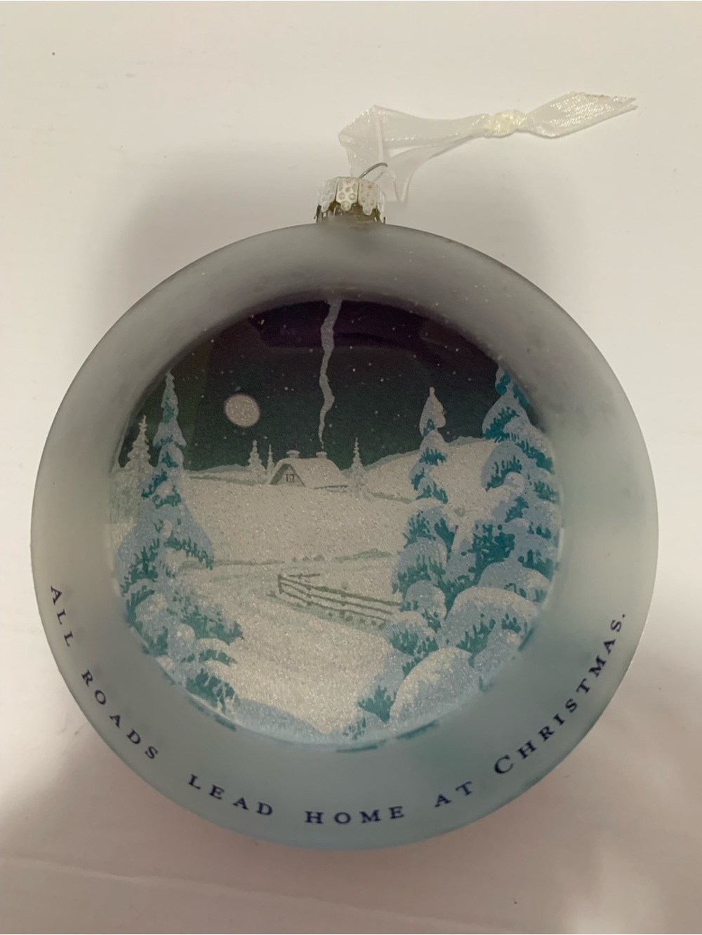 Hallmark All Roads Lead Home Blue and White Winter Scene Glass Ornament 2012